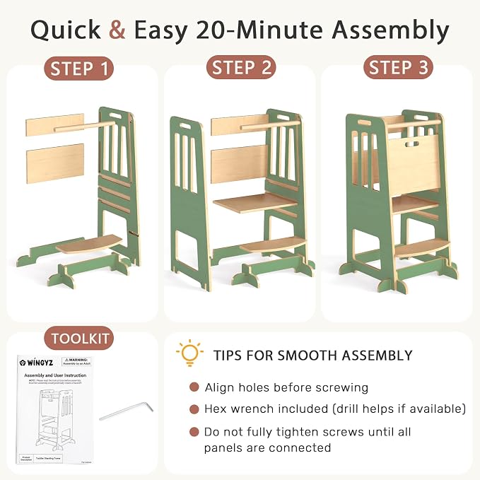 WINGYZ Toddler Tower - Anti-Tip Natural Wood Learning Stool Helper for Kids 18M-6Y, 150lb Capacity Kitchen Stool with 3-Height Adjustable Platform and Sliding Door Access, 20lb Portable Design, Green