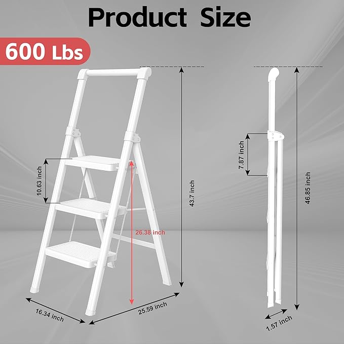 Foldable Step Ladder Stool for Home,3 Step Stool with Wide Anti-Slip Pedal, Heavy Duty 600Lbs Ladder for Indoor Kitchen Closet Stair Use, White