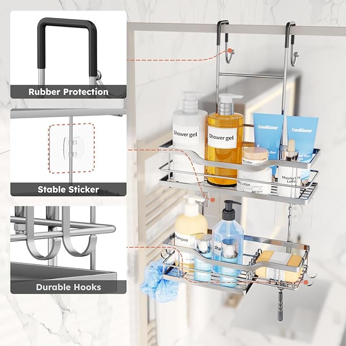 Consumest Over Door Shower Caddy - 2 Tier Shower Shelves Hanging with Soap Holders, Large Capacity Shower Organizer with 4 Hooks, Bathroom Rack and Storage, Silver