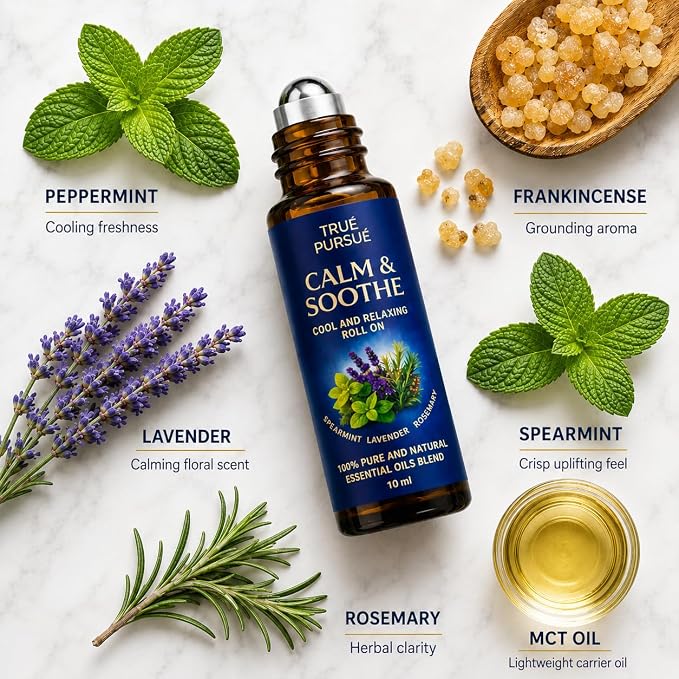 Soothe & Calm Essential Oil Roll On – Frankincense & Lavender Essential Oil Roller – Stress Relief Oil Roll On – 100% Pure Aromatherapy Calming Oils for Anxiety, Migraine & Sleep – 10ml TRUÉ PURSUÉ
