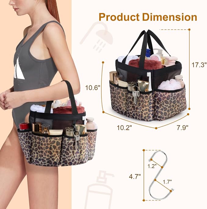 F-color Mesh Shower Caddy Portable - Shower Bag for College Dorm, Leopard | Quick Dry, with S Hook, College Dorm Room Essentials for Camp, Gym, Travel, Freshmen, Camping, Bathroom, Shower Tote