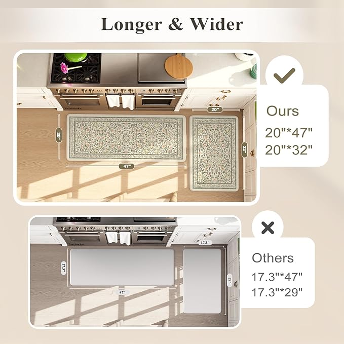 KIMODE Anti Fatigue Mats for Kitchen Floor 20"x47"+20"x32", Boho Farmhouse Kitchen Rugs Sets of 2, Cushioned Kitchen Floor Mats Non Slip, Comfort Standing Mats for Sink Laundry Desk Beige