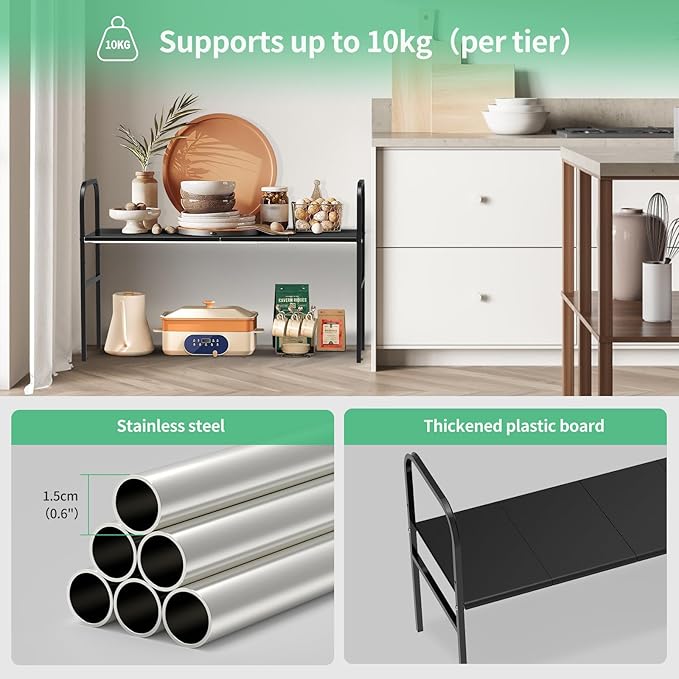 Expandable 2-Tier Under Sink Organizer, 8 Removable Plastic Boards, Tool-Free Installation (Black, 1-Tier 4 Boards)