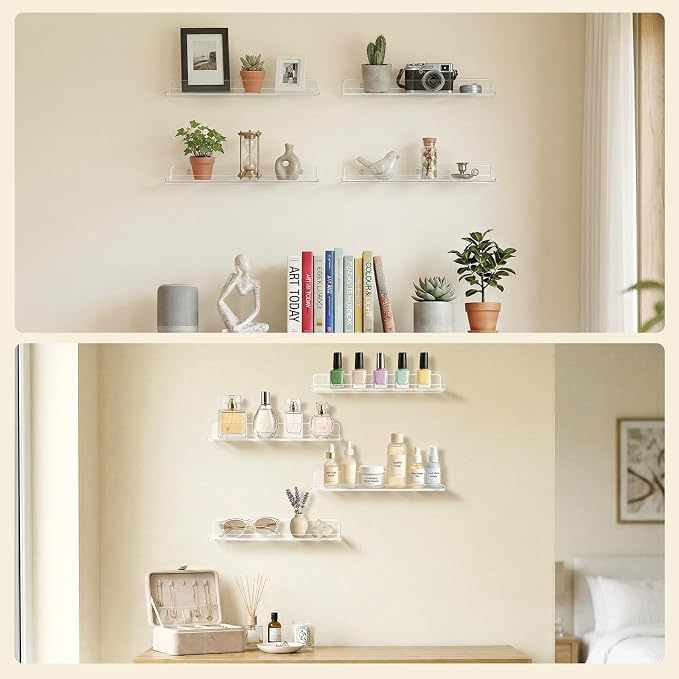 Lifewit Floating Shelves for Bathroom, Acrylic Display Shelf Wall Mounted for Makeup, Skincare, Nail Polish, Book, 14" Perfume Organizer for Bedroom, Living Room, Nursery, Home Decor, Clear, 4 Pack
