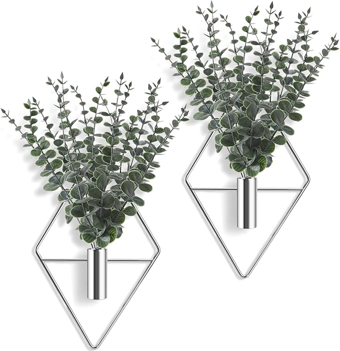 Jexine 4 Pcs Hanging Planters with Artificial Eucalyptus Metal Hanging Vase Indoor Plants Holder Modern Geometric Boho Bathroom Wall Decor for Living Room Home Office (Eucalyptus,Silver)