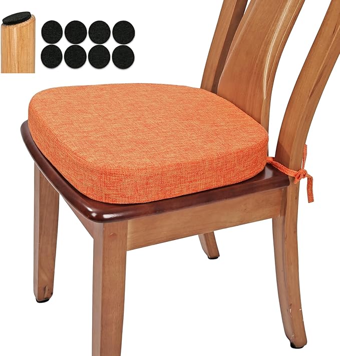 BUYUE Thickened 2.5" Friendly Woven Fabric Dining Chair Cushion, U-Shape High Density Foam Comfortable Chair Pad for Kitchen, Slip Resistant Indoor Seat Cushion (1 Piece, Orange)
