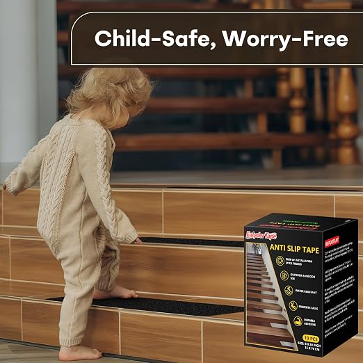 Non Slip Tape 6 inch X 30 inch (10-Pack) - Outdoor Waterproof Non Skid Tape, Stair Treads Anti Slip Tape for Step, Deck, Pre-Cut Anti Slip Tape, Black with Roller