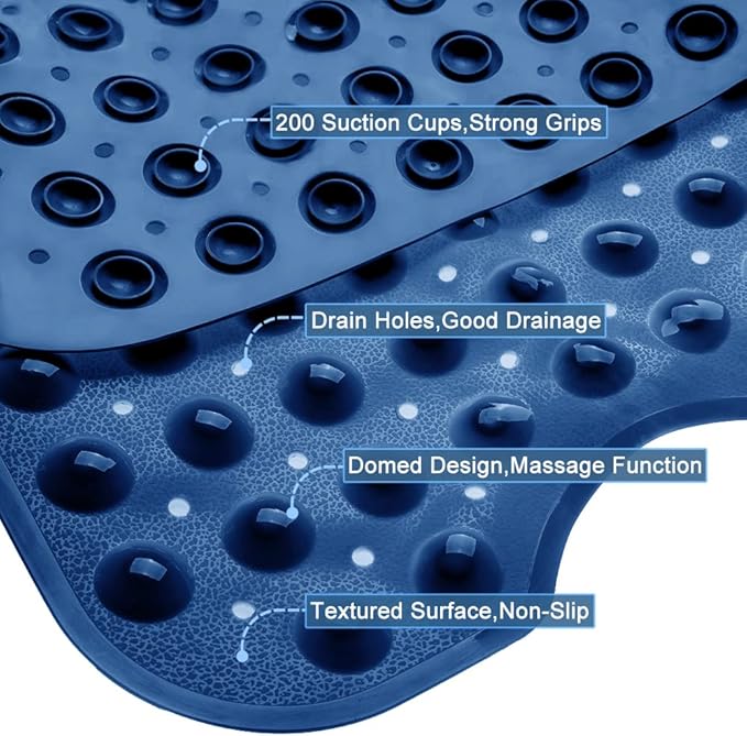 Bathtub and Shower Mats, Extra Long Non-Slip Bath Tub Mat 39 x 16 Inch, Machine Washable Bathmat with Suction Cups & Drain Holes for Bathroom Floor, Navy Blue