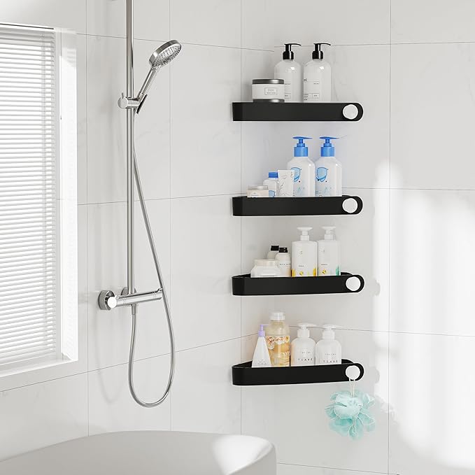 Sotfamily Plastic Shower Caddy Corner (for 90° Only), 4 Pack Adhesive Corner Shower Shelves for Smooth Wall Bathroom Organizers and Storage, Black