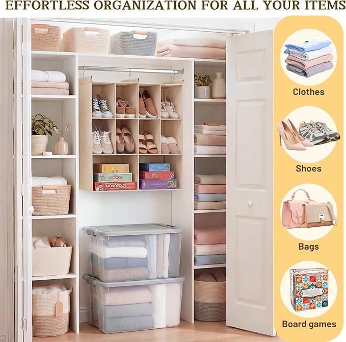 Ofiray-home 3 Tier Hanging Closet Organizer, 10 Compartments Sweater Organizer for Closet with 3 Sturdy Hooks, Closet Organizers and Storage, Wardrobe, Rv, Garment Rack, Beige