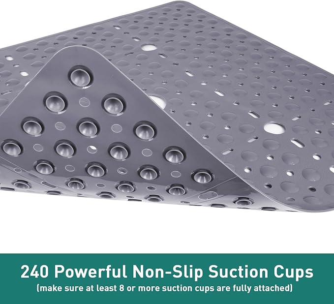 Large Square Shower Mat 27 x 27 Inch Gray, Non Slip Shower Bathtub Mats for Inside Shower with Big Suction Cups Drain Holes, Anti Slip Bathroom Floor Shower Stall Mats, Easy Clean, BPA-Free