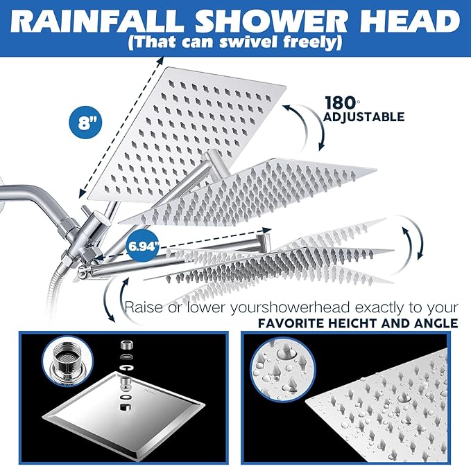 Filtered Shower Head,8”Rain Shower Head with Handheld Spray Combo with 11'' Angle Adjustable Extension Arm/Flow Regulator/Shower System,High Pressure Rainfall Shower Head Bathroom,Chrome