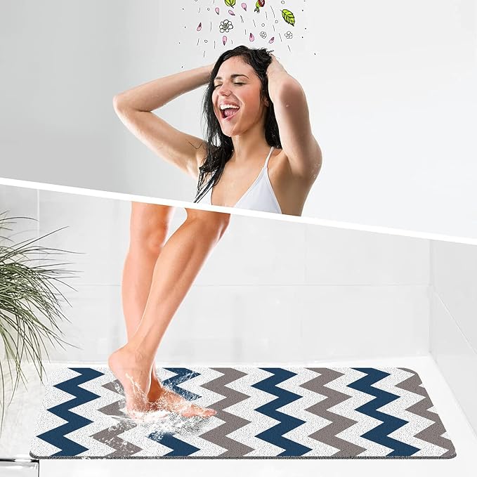 godehone Shower Mats Non Slip Without Suction Cups, PVC Loofah Bathroom Mats, Loofah Mats for Shower and Bathroom, Quick Drying, 15.7×36 Inch, Blue Geometric