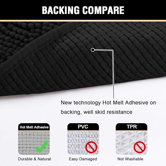H.VERSAILTEX 20x32 Bath Mat Non-Slip Bathroom Rug Shag Shower Mat Machine-Washable Bath Mats with Water Absorbent Soft Microfibers Chenille Plush Rugs - Black