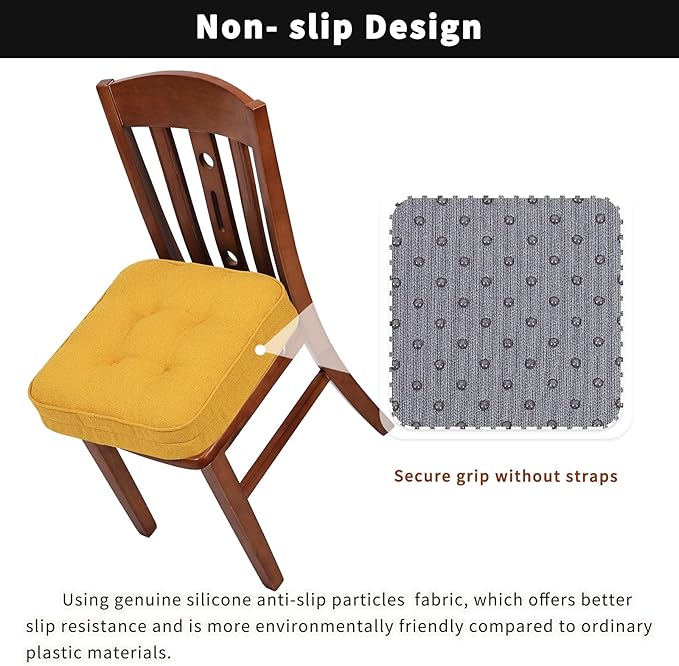 GOFORIT Memory Foam Cushion，Square Seat Cushions for Dining Chairs,Non-Slip Chair Pads with Removable Cover, 16'' x 16'', 2 Pack,Yellow