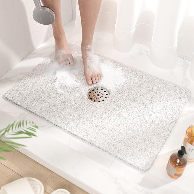 HITSLAM Shower Mat with Center Drain Hole, 24 x 16 Inch Non Slip Bath Mat for Textured Tub, Soft Loofah-Style Bathtub Mat Without Suction Cup, Quick Drying Stall Floor Mat, Bathroom Accessories, White