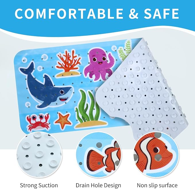 Baby Bath Mat for Tub Non Slip Kids Bathtub Mat Extra Long 40X16 Inch Toddler Bath Tub Shower Mat Anti Slip with Suction Cups & Drain Holes, Machine Washable (Whale Shark)