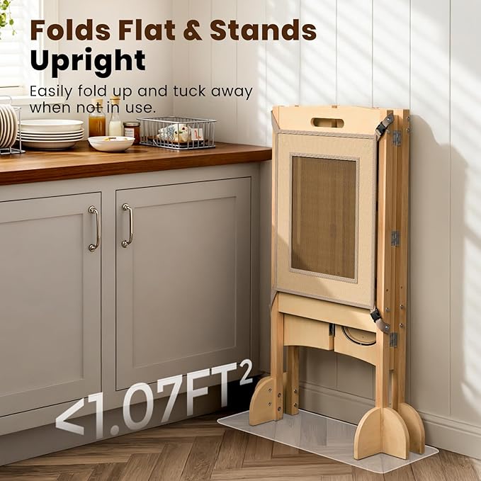 JUZBOT Toddler Tower- Foldable Wooden Kitchen Stool Helper with Safety Net, Anti-Tip Base, Detachable Step, Chalkboard & Whiteboard, 150lb Capacity, Montessori Gift for Kids 18M-5Y