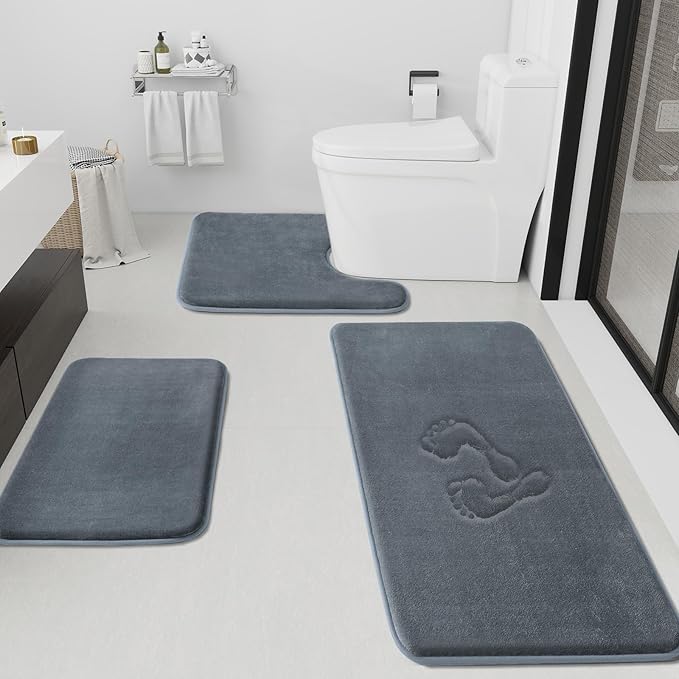 HUXMEYSON Bathroom Rugs Sets 3 Piece, Non-Slip & Quick Dry Bath Mat Set, Ultra Soft Velvet Bath Rugs for Bathroom, Toilet and Shower Floor, Grey