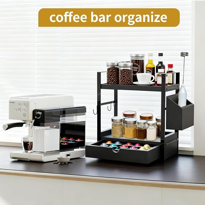 2-Tired Bathroom Counter Organizers and Storage, Coffee Bar Organizer with Drawer, Solid Wood Skincare Perfume Organizer for Vanity Kitchen Corner Shelf Office Countertop (Black)