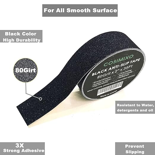 COSIMIXO 2" x 35Ft Heavy Duty Anti Slip Tape,Best 80grit Friction,Grip,Abrasive for Stairs Outdoor/Indoor Waterproof Grip Tape Safety Non Skid Tread Staircases Anti-Slip Traction Tape Black