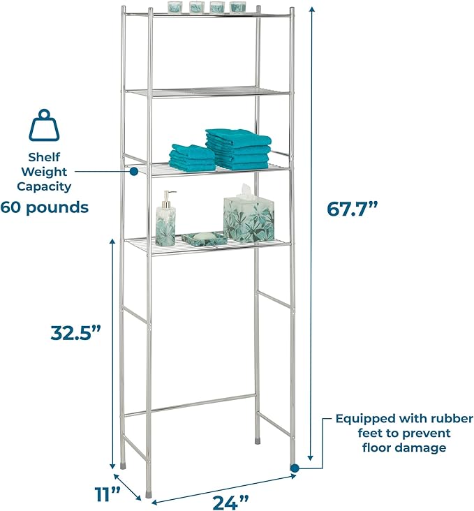 Honey-Can-Do 4-Tier Over-The-Toilet Storage Shelf - Space-Saving Steel Bathroom Restroom Organizer with Neutral Chrome Finish, Ideal for Towels, Toiletries, & Essentials - 24"W x 68"H x 11"D