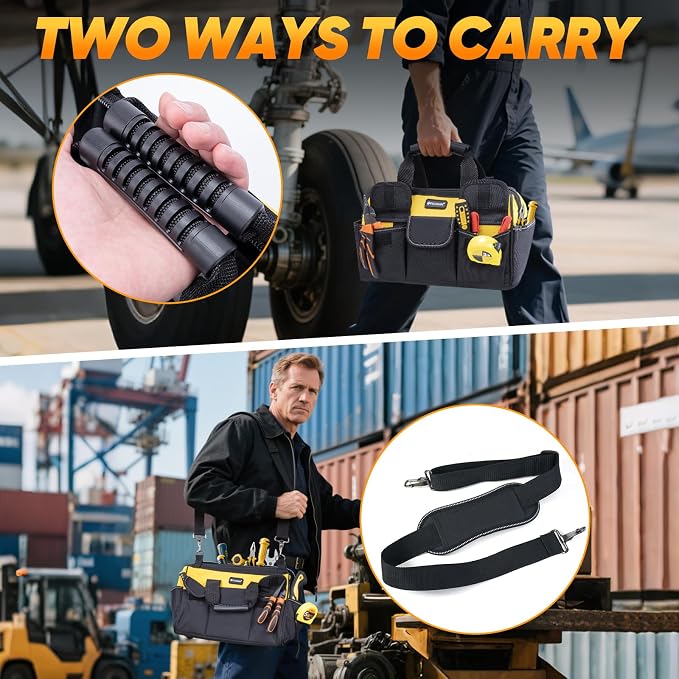 TICONN Tool Bag with Multi-Pockets Wide Mouth Tool Tote with Safety Reflective Straps, Adjustable Shoulder Strap and Ergonomic Handle (Yellow, 16" Standard Base)
