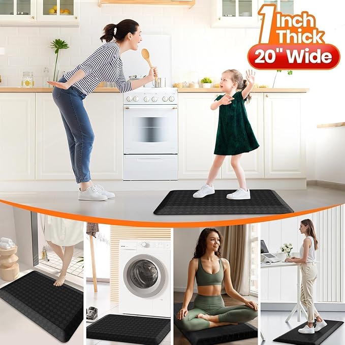 StepRite 1” Thick Kitchen Mats for Floor, Anti Fatigue Kitchen Rugs, Non-Slip,Heavy Duty Water Resistant Kitchen Rug, Standing Desk Mat for Friends, Family, Home, Kitchen, Office (32" x 20", Black)