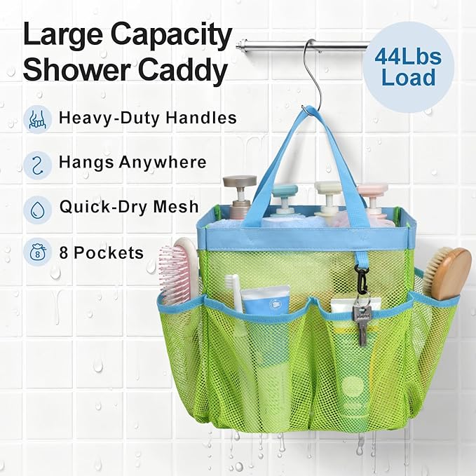 F-color Mesh Shower Caddy Portable, Upgrade Deeper 7 Pockets Shower Bag Basket Bag Tote for College Dorm Room Toiletry Bathroom Essentials Gym Camp Quick Dry 2 handles with S Hook