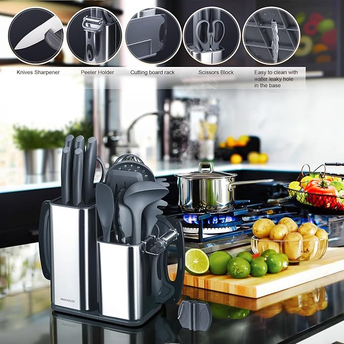 RAXCO Kitchen Set,18-Piece Cooking Utensils and Kitchen Knife Set,Gray | 7-Piece Kitchen Utensils Heat-resistant to 410°F,5-Piece Sharp Knife,5-Piece Cooking Tools and Cutting Board In One