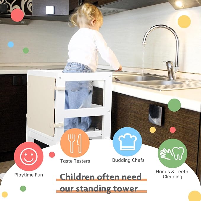 Kitchen Step Stool for Toddlers with Non-Slip Mat, WOOD CITY Wooden Kids Montessori Learning Stool Tower, Toddler Standing Tower Helper for Kitchen Counter and Bathroom Sink(White-Adjustable)