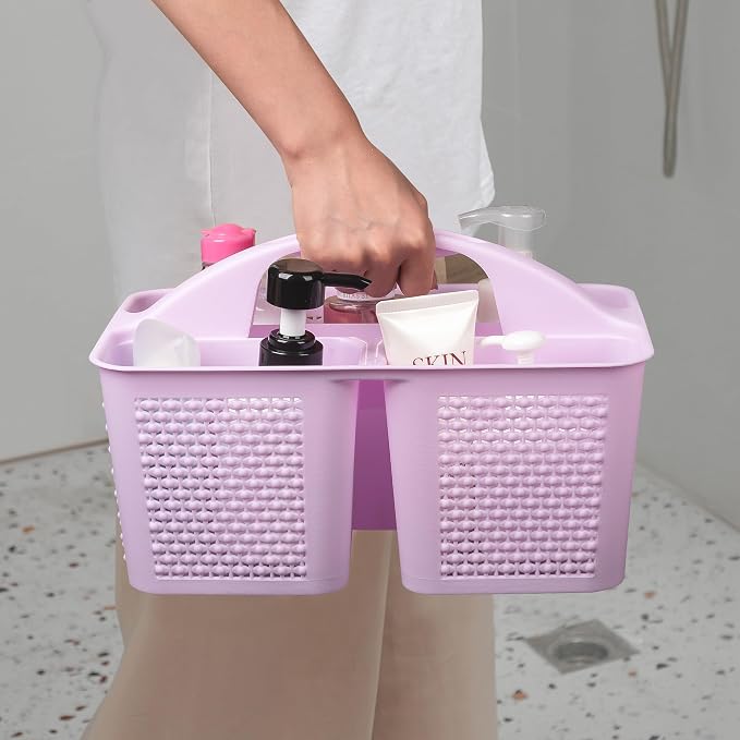 UUJOLY Plastic Portable Shower Caddy Basket Bucket, Cleaning Shower Basket with Handle Compartments Storage Basket Organizer for Bathroom Kitchen College Dorm Sink, Light Purple