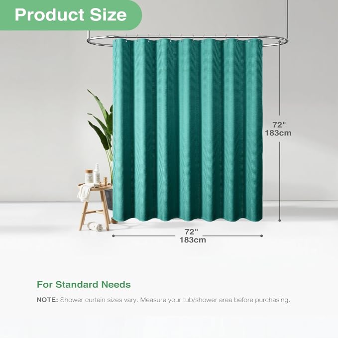 Dynamene Green Fabric Shower Curtain - Waffle Weave Textured Heavy Duty Cloth Shower Curtains for Bathroom, 256GSM Hotel Luxury Weighted Bath Curtain Set with 12 Plastic Hooks,72x72, Seaweed Green
