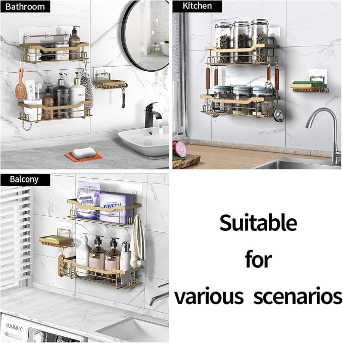 Shower Caddy Shelves Organizer Rack, 3 Pack Shower Caddy with Soap Holder,No Drilling Wall Mounted Self Adhesive Shower Shelves for Inside Shower,Matte Gold