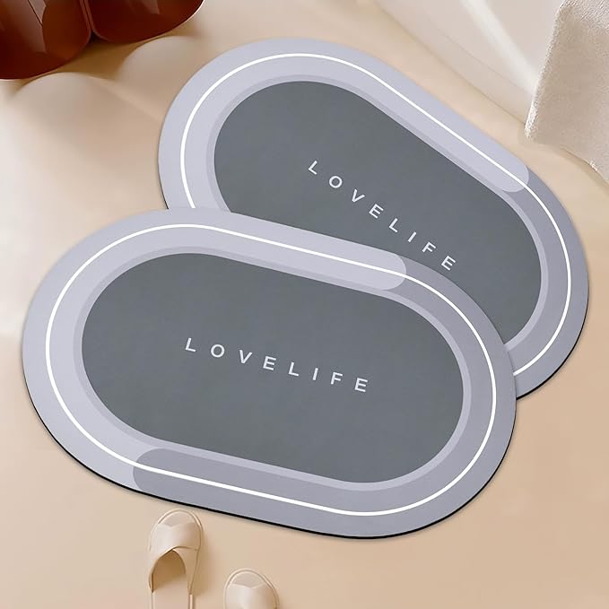 Rubber Bath mats Quick-Drying Non-Slip Bathroom mat Super Absorbent Bath mat Instant Dry Bath mat, Bathroom Rug in Front of The Kitchen Sink, Shower Room, Bathtub, Oval(2pcs Grey+16.9x26.7in)