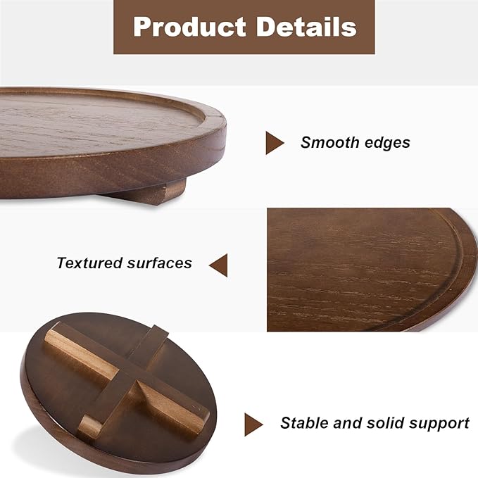 Round Decorative Tray Wood Bathroom Counter Organizer Farmhouse Kitchen Decor Wooden Riser for Soap Dish, Perfume, Candle, Sponge, 9" - Walnut