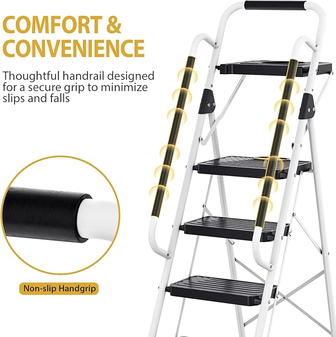 KINGRACK 5 Step Ladder, Folding Step Stool with Comfortable Handrail, Wide Anti-Slip Pedals & Safe-Lock Design, 800lbs Load Capacity, Sturdy Steel Portable Ladder, Perfect for Home and Kitchen, White