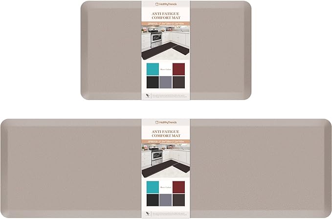 HappyTrends Kitchen Mat,17.3"x28"+17.3"x60" Khaki, Cushioned Comfort Anti-Fatigue Waterproof Floor Mat Kitchen Rugs, Thick Perfect Ergonomic Foam Standing mat for Kitchen, Home, Office, Laundry