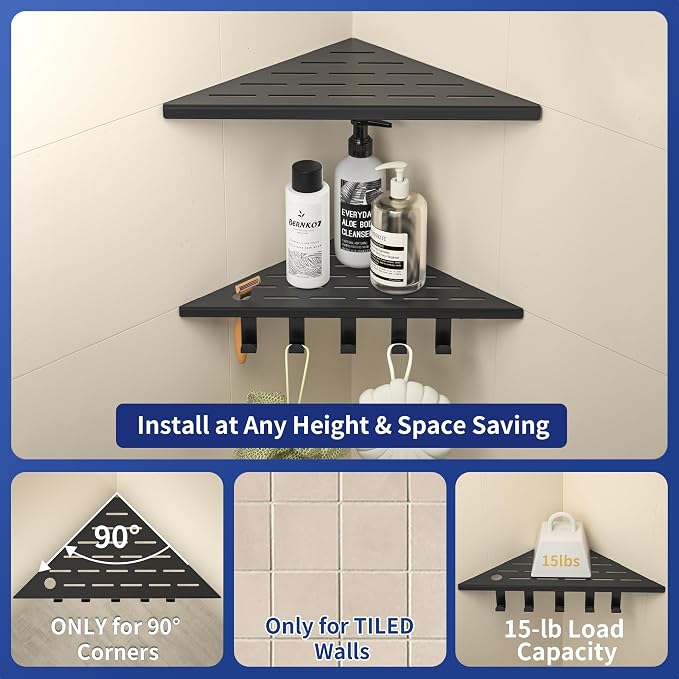 Corner Shower Shelf w/Hooks, Grout in Bathroom Shelves for Tiled Wall, 304 Stainless Steel Recessed Shower Shelf (Matte Black, 12''-1pc)