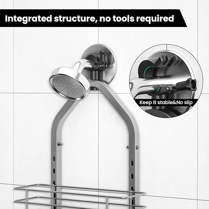 Shower Caddy Hanging (Silver), Adjustable Anti-Swing-Over The Shower Head Caddy, 3 Tier Height Bathroom Storage Organizer, Bathroom Shelves Basket Rack, Shower Caddies Rack with Adjustable Soap Basket