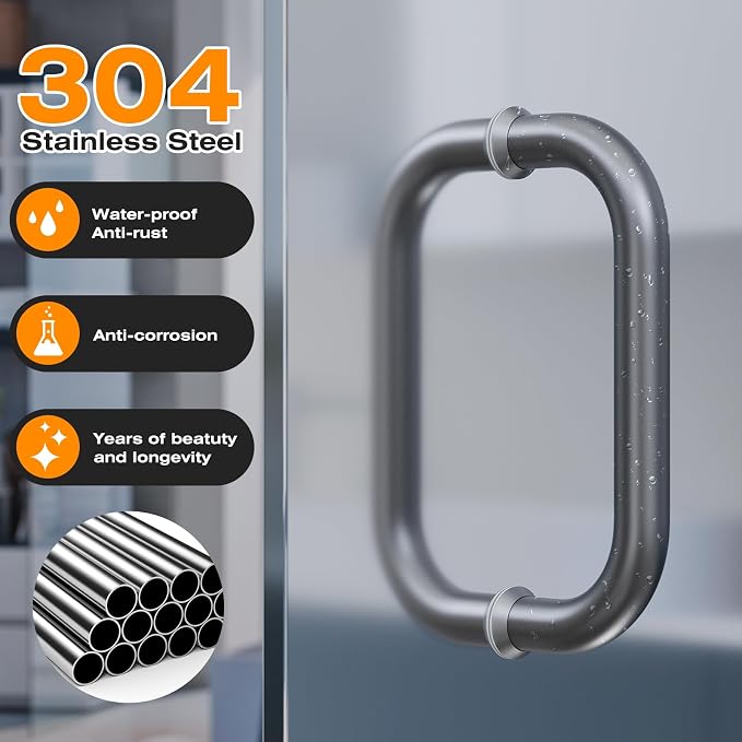 Ranbo Electroplating Grey 6" （CTC） Tubular Back-to-Back Shower Door Handle，Heavy-Duty 1.0mm Thick 304 Stainless Steel, for 1/4"- 1/2" Thick Glass and 1-3/8" - 2-1/6" Thick Wooden or Metal Doors