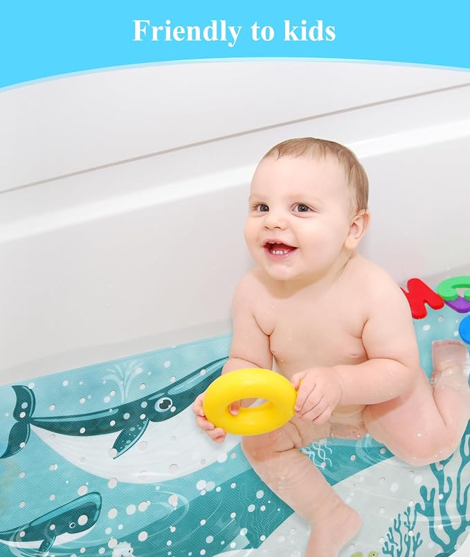 Secopad Bath Mat for Tub Non Slip, Machine Washable Anti-Slip Cartoon Baby Bathtub Shower Mat with Drain Holes and Suction Cups for Toddler & Kids, 40 Inch x 16 Inch, Whales