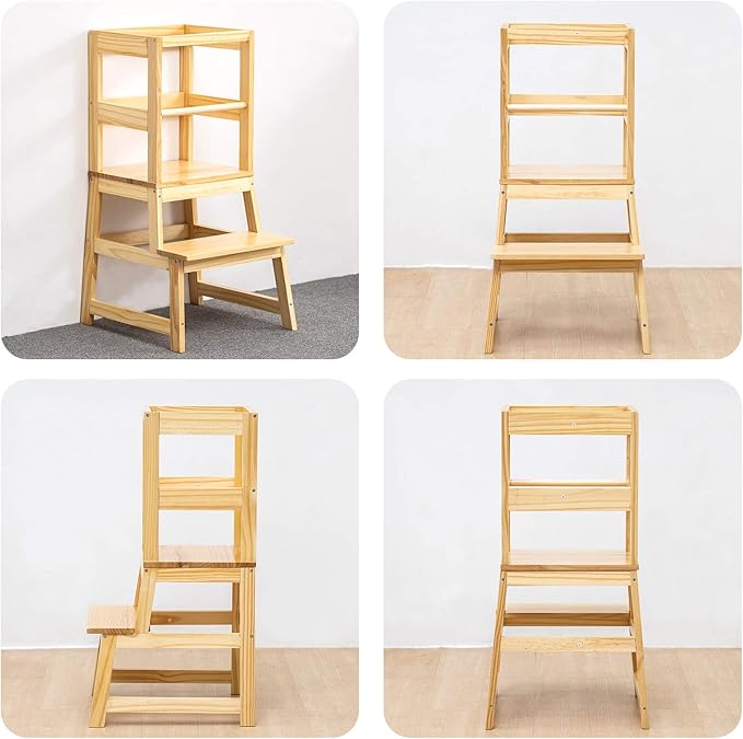 Kitchen Step Stool for Toddlers with Non-Slip Mat, WOOD CITY Wooden Kids Montessori Learning Stool Tower, Toddler Standing Tower Helper for Kitchen Counter and Bathroom Sink(Burlywood)