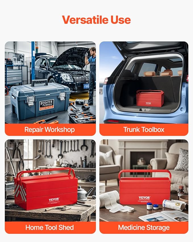 VEVOR Metal Tool Box, 18-inch, 3-Tier 5-Tray Portable Folding Tool Chest Organizer with Handle & Lock Hole, Powder Coated Steel, Cantilever Toolbox for Household Factory Warehouse Repair Shop, Red