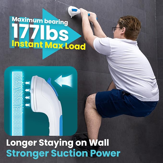 TAILI Shower Grab Bar Glow in The Dark, 2 Pack 16.8 in Grab Bars for Bathtubs and Showers,Shower Handles Rails for Seniors and Elderly,Bathroom Safety Grip Removable No Drilling Waterproof Blue,G9