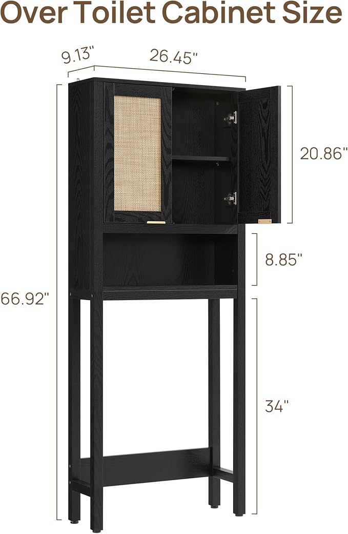 SICOTAS Over The Toilet Storage Cabinet with Rattan Door, Freestanding Bathroom Organizer with Adjustable Shelf, Space Saver Cabinet for Bathroom, Laundry Room, Restroom