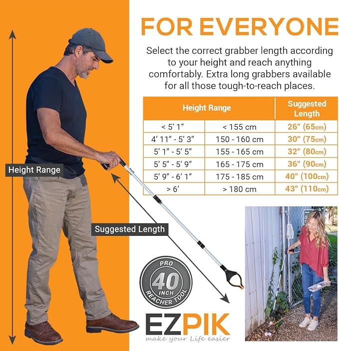 EZPIK Pro 40" Extended Grabber Reacher Tool for Elderly, Trash Hand Grabber Pickup Sticks for Seniors, Extension Gripper Claw Pickup Tool, Hand Extension Magnetic Folding Tongs 2-Pack (Silver)