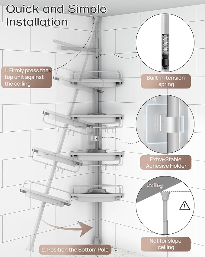 ALLZONE Corner Shower Caddy Tension Pole, Extendable Rustproof Stainless Steel Pole & 4-Tier Adjustable Shelves for Easy Drainage and Built-to-Last Stability, 34 to 116 Inches, Grey