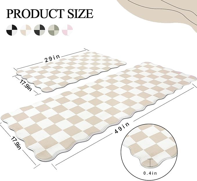 Scalloped Cream Checkered Grid Checkerboard Kitchen Rug Sets [2 PCs], Anti-Fatigue, Waterproof Non-Slip Kitchen Mats Heavy Duty Ergonomic Comfort Foam Rug for Floor, Home, Laundry,17"x29"+17"x47"