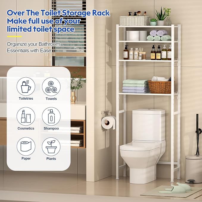 samstar 4 Tier Over The Toilet Storage Rack, Bathroom Organizer Shelves Cabinet Above Toilet, with Adjustable Height Freestanding Shelf Space Saver, White